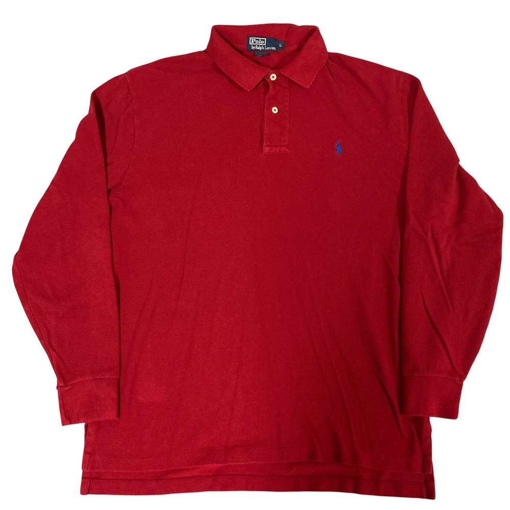 Polo Ralph Lauren Mens Long Sleeve Polo Shirt Red Pique Cotton Pony Logo Large